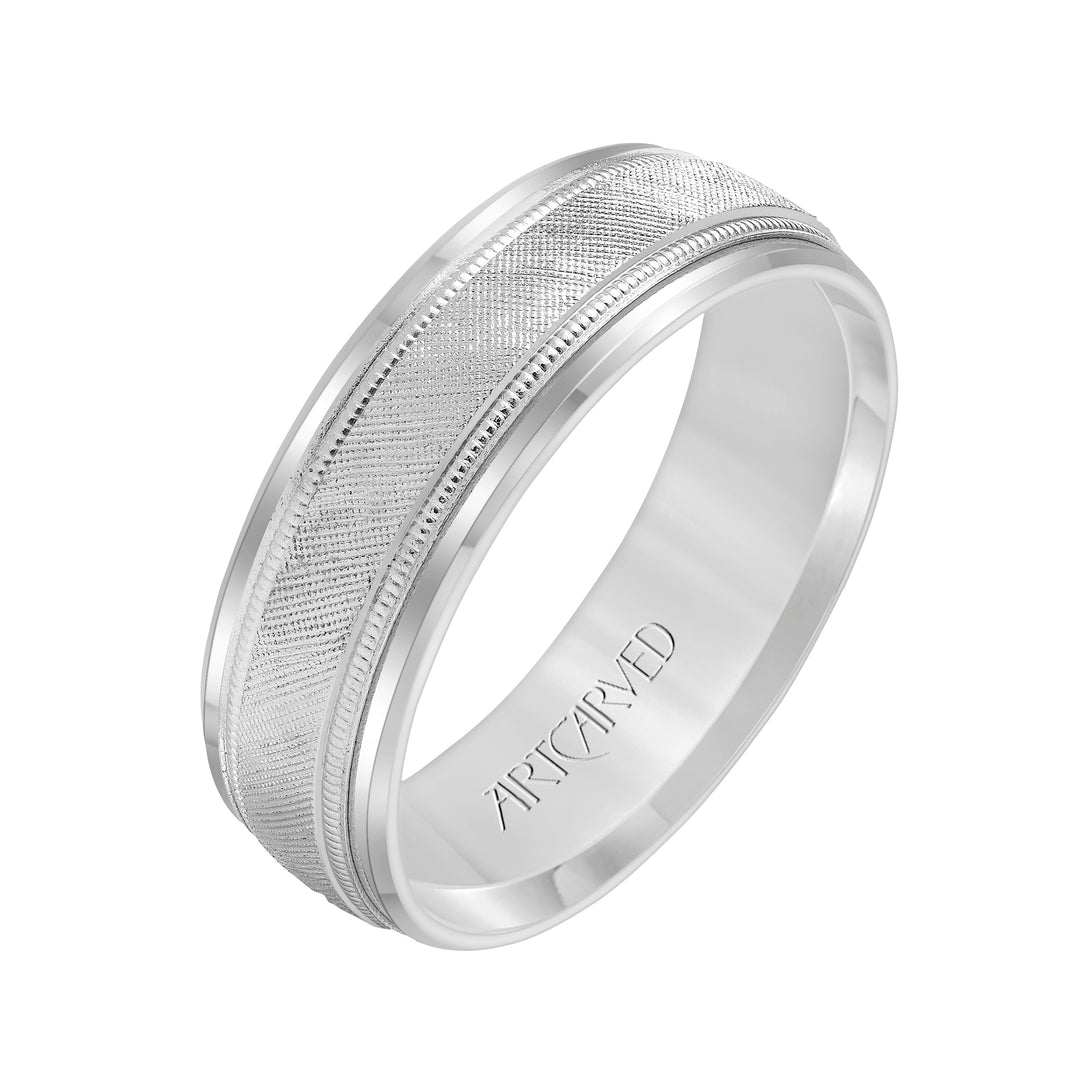 11-WV3402W-G.00 - ARTCARVED - Comfort Fit, engraved wedding band with textured design, milgrain and beveled edges