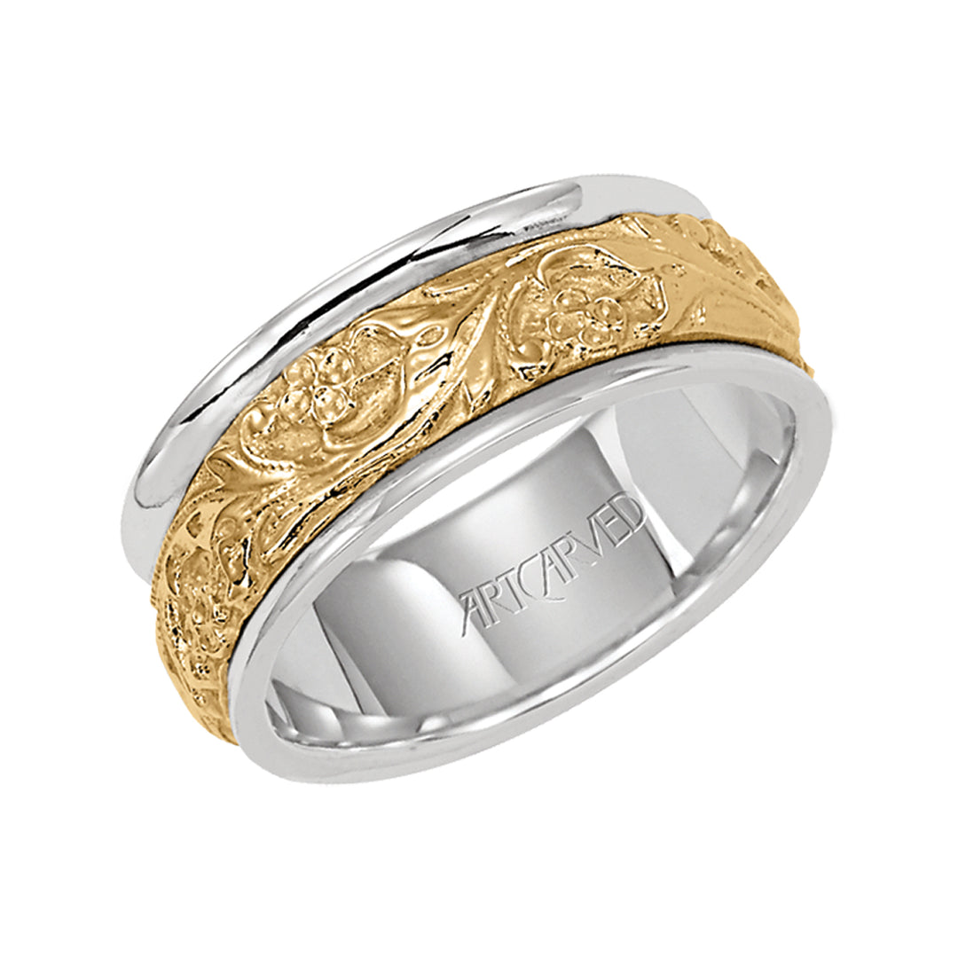 8mm Wedding band with an intricate engraved center and rounded edges