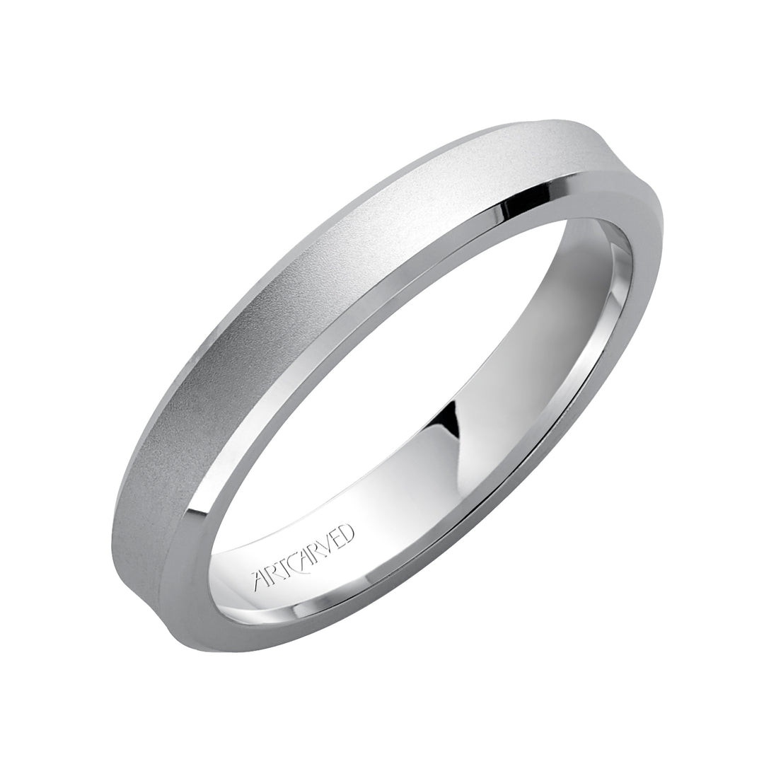 Comfort Fit, engraved wedding band with beveled edges and satin finish