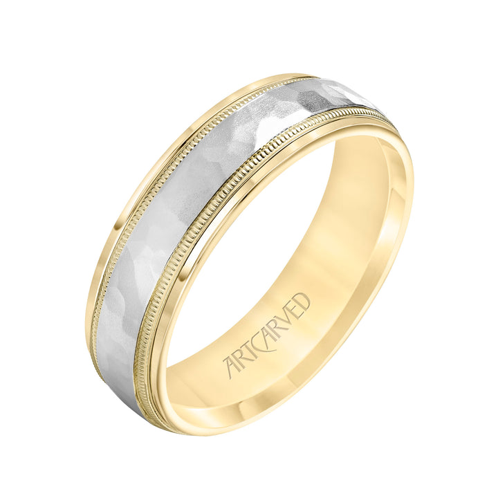 11-WV7190U6-G.00 - ARTCARVED - Comfort Fit two tone wedding band with hammered inlay Please note hand hammered styles will have slight variations due to the nature of the manufacturing process