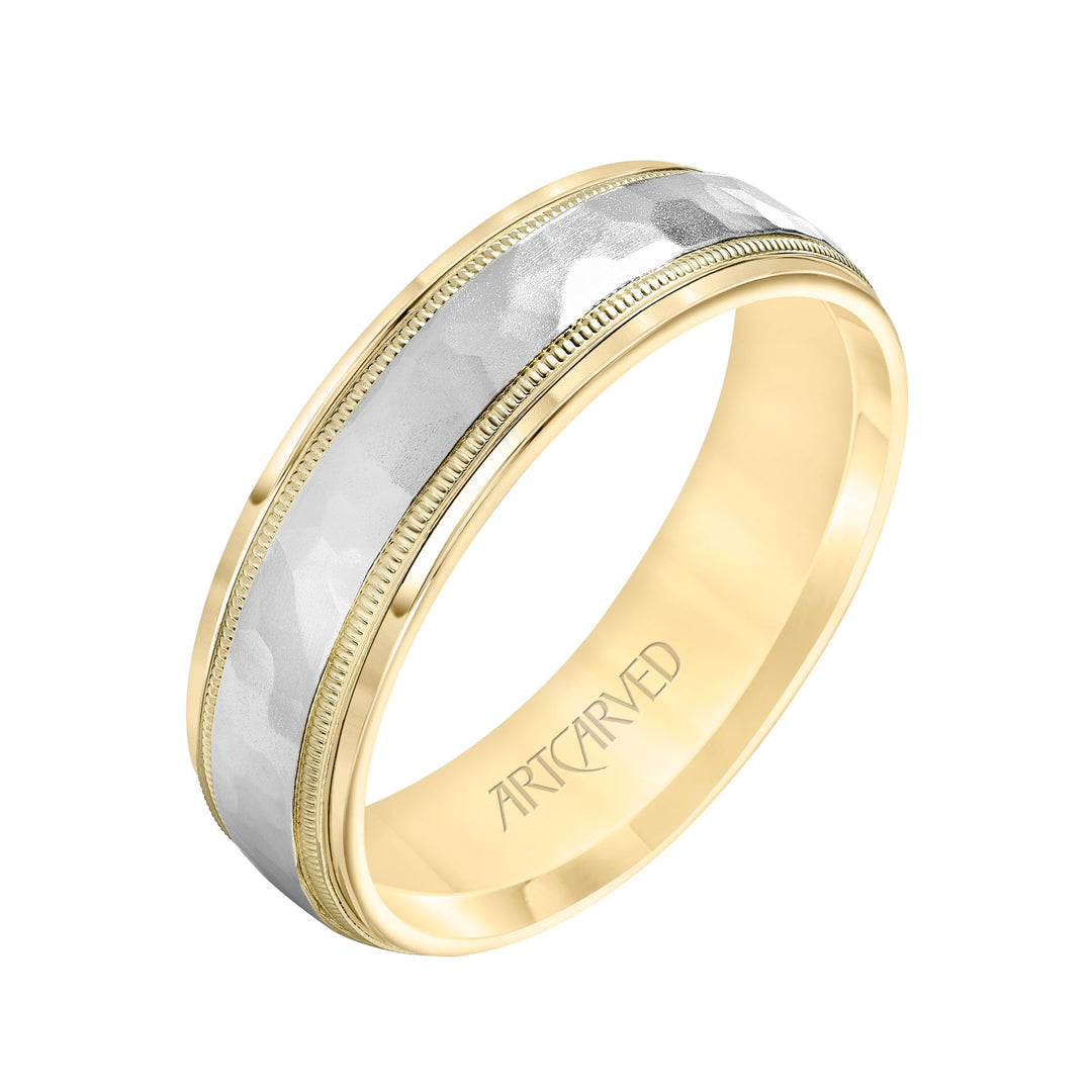 11-WV7190U6-G.00 - Goldman - Comfort Fit two tone wedding band with hammered inlay Please note hand hammered styles will have slight variations due to the nature of the manufacturing process