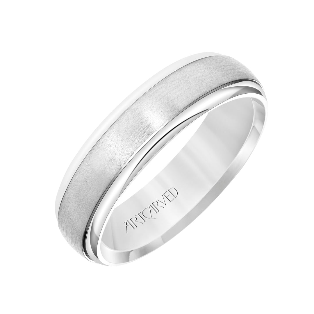 Comfort Fit wedding band with brushed finish and high polished, rolled edges