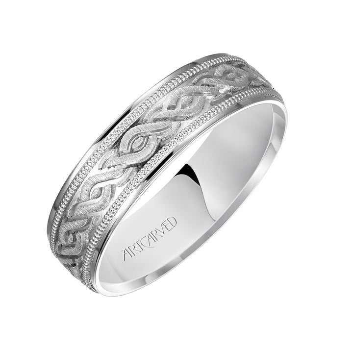 11-WV7322W-G.00 - ARTCARVED - Comfort Fit, engraved wedding band with milgrain detail and flat edgess