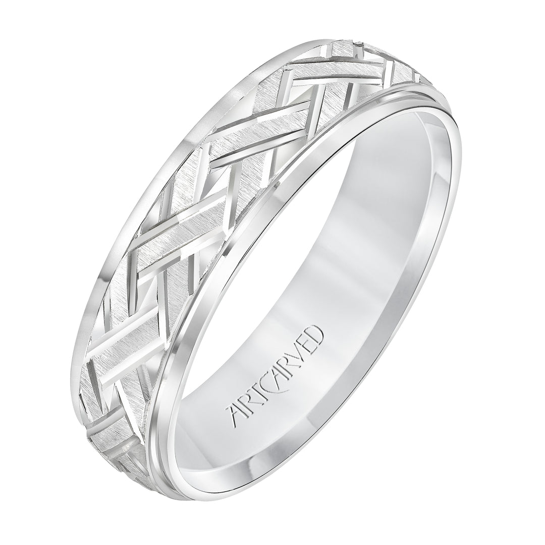 11-WV7339-G - ARTCARVED - Comfort Fit wedding band with criss-cross engraved design and stepped edge