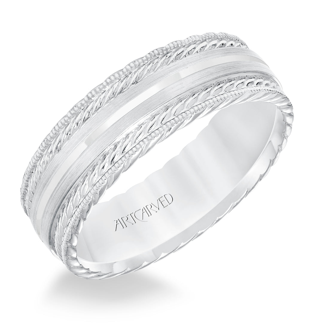 11-WV8641-G - ARTCARVED - Mens wedding band with satin finish and milgrain edge, rope treatment on top and the sides with flat profile.