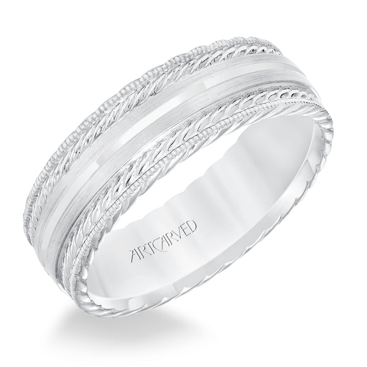 11-WV8641-G - ARTCARVED - Mens wedding band with satin finish and milgrain edge, rope treatment on top and the sides with flat profile.