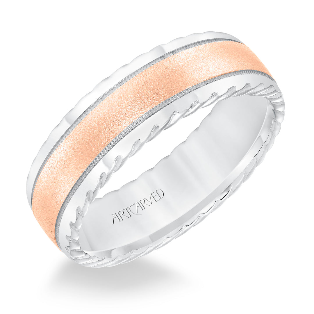 11-WV8642WR7-G.00 - ARTCARVED - Mens wedding band with soft sand finish and round edge, rope treatment on the side with milgrain accent and low dome profile.
