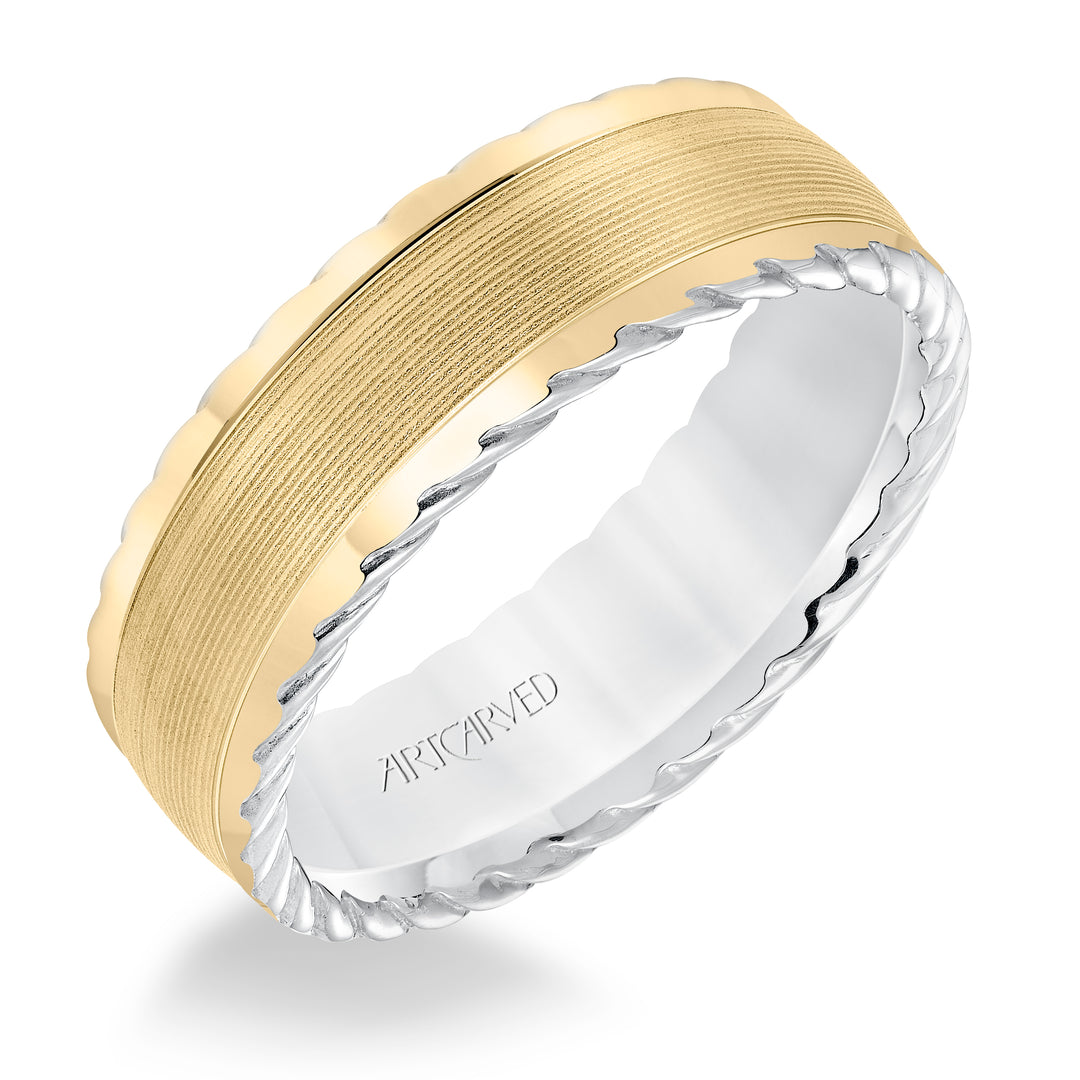 11-WV8645WY7-G.00 - ARTCARVED - Mens wedding band with serrated finish and round edge, rope treatment on the side with a low dome profile.