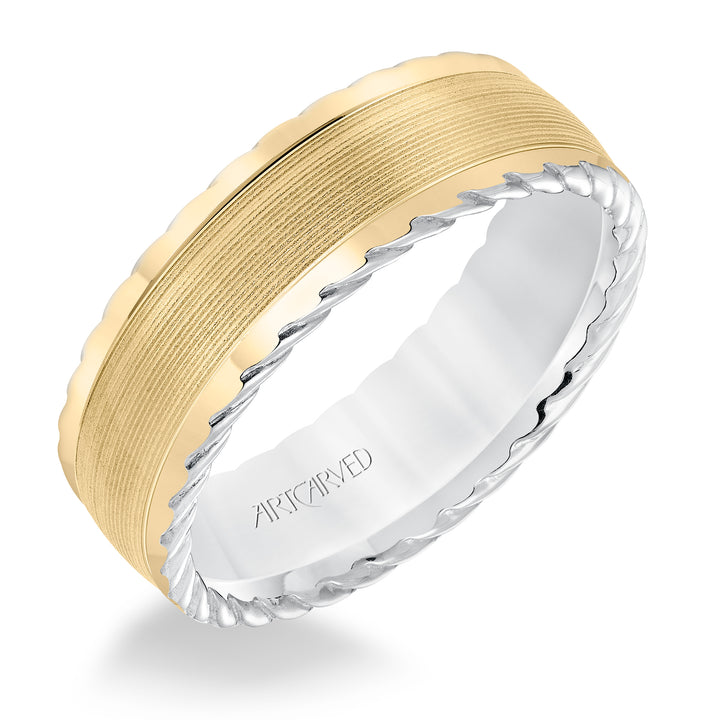 11-WV8645WY7-G.00 - ARTCARVED - Mens wedding band with serrated finish and round edge, rope treatment on the side with a low dome profile.