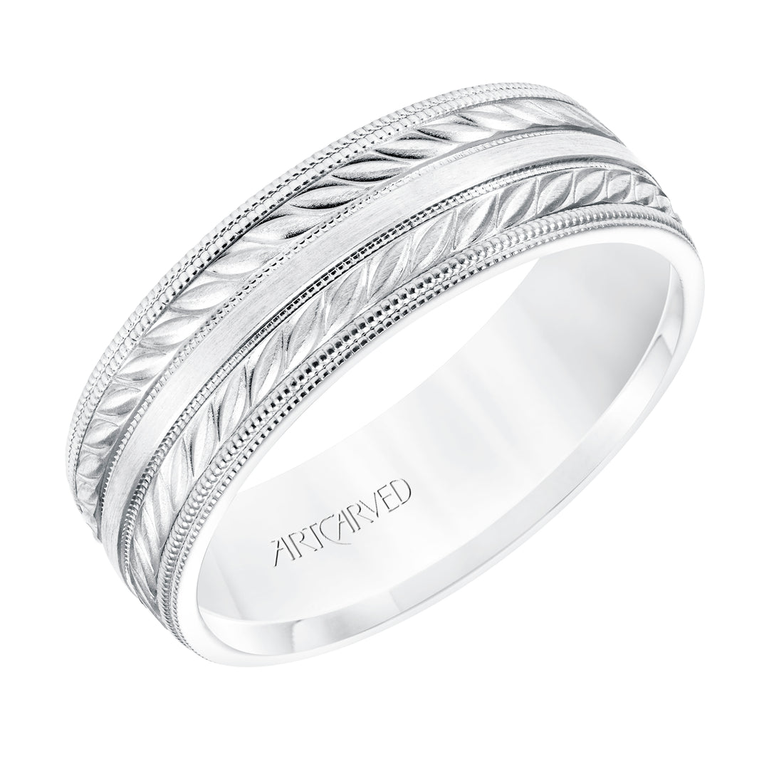 11-WV8671-G - ARTCARVED - 7MM Comfort Fit Wedding Band with a Wheat Motif and Milgrain Accent with Milgrain Edges