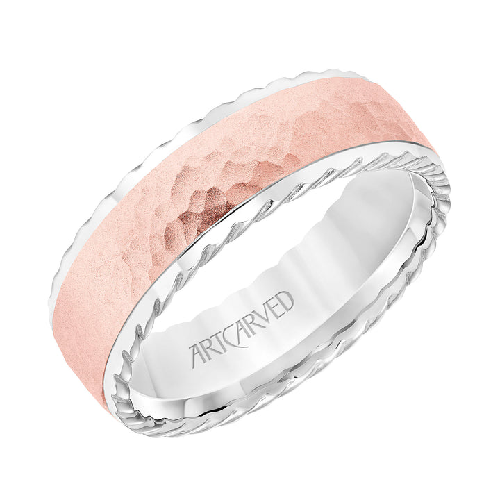 11-WV8727-G - ARTCARVED - 7MM Wedding Band with Hammered Finish  Rope Edge Detail and Dome Profile Please note hand hammered styles will have slight variations due to the nature of the manufacturing process