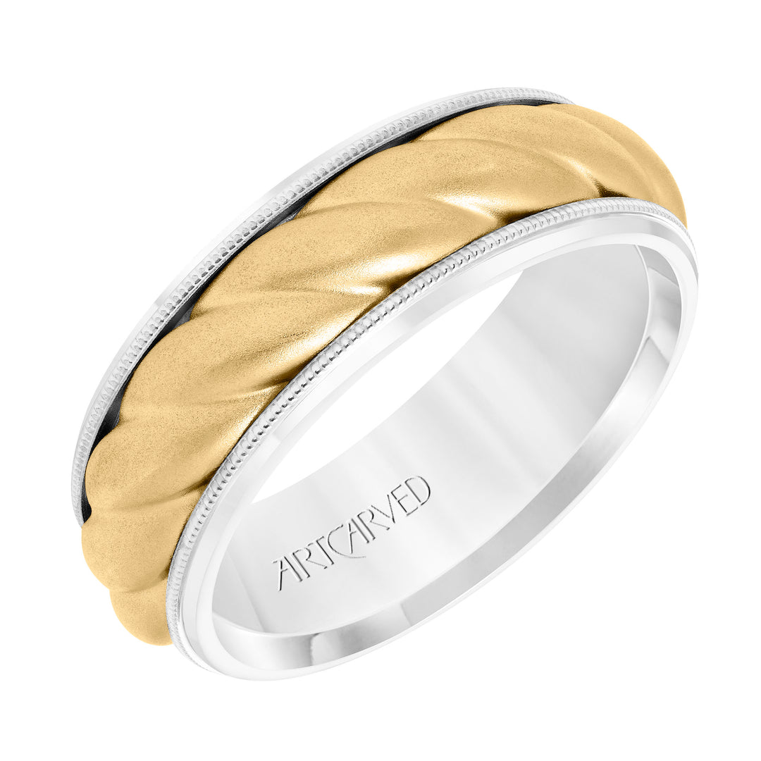 11-WV8729WY7-G.00 - Goldman - 7MM Wedding Band with Soft Sand Finish, Oversized Rope, Milgrain Detail and Dome Profile