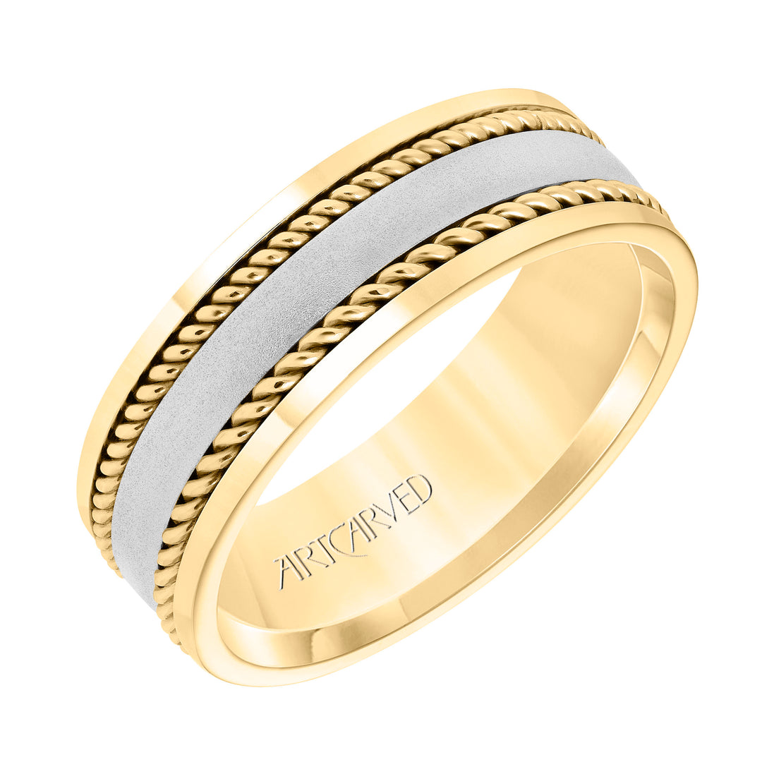 11-WV8731-G - ARTCARVED - 7MM Wedding Band with Satin Finish, Rope Inlay Detail and Polished Edges