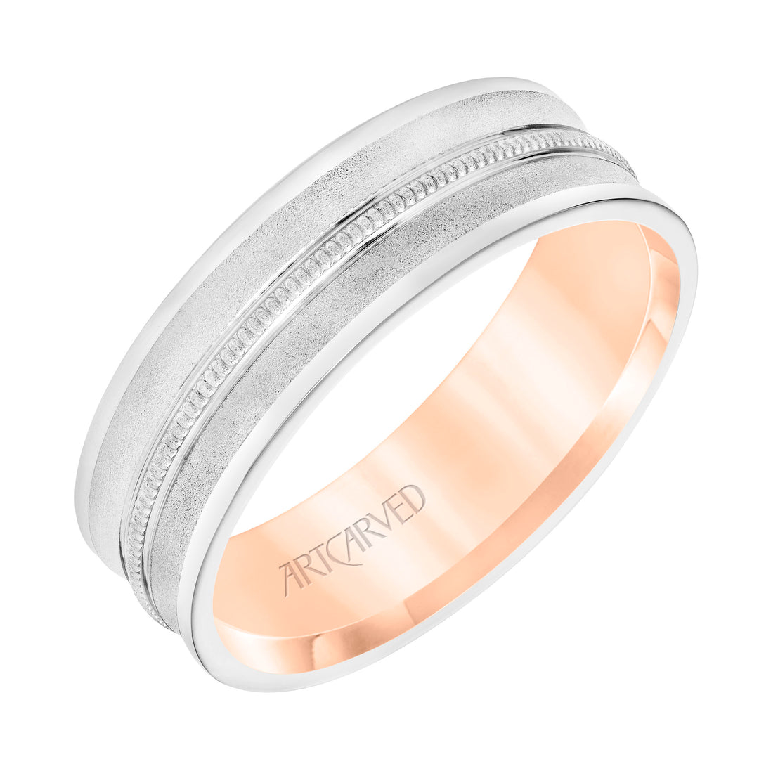 Mens Comfort Fit Wedding Band with Concave Design, White Gold Exterior with Milgrain Center with Polished Flat Edge and Rose Gold Interior
