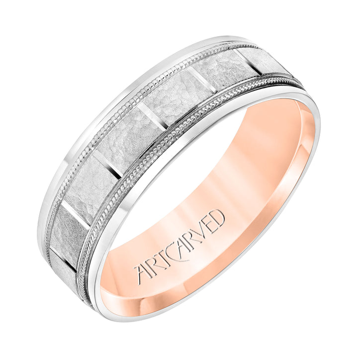 11-WV8832-G - ARTCARVED - Mens Comfort Fit Wedding Band with White Gold Exterior with Stone Finish and Polished Vertical Cut Center with Milgrain Accents, Polished Round Edge and Rose Gold