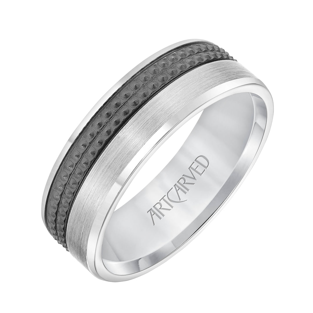 Mens Comfort Fit Wedding Band with Brushed Finish and Textured  Black Rhodium and Polished Edge