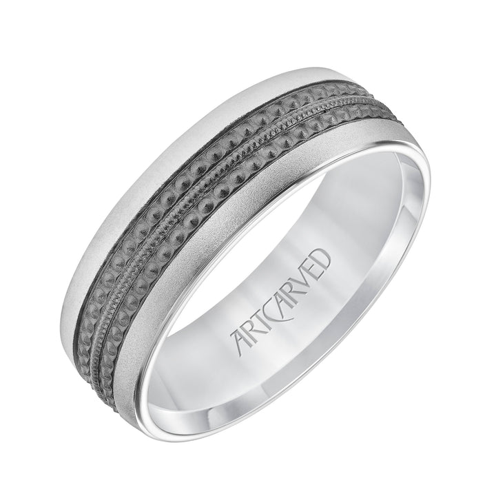 11-WV8843-G - ARTCARVED - Mens Comfort Fit Wedding Band with Matt Finish and Textured Black Rhodium Center with Milgrain Accents and Polished Flat Edge