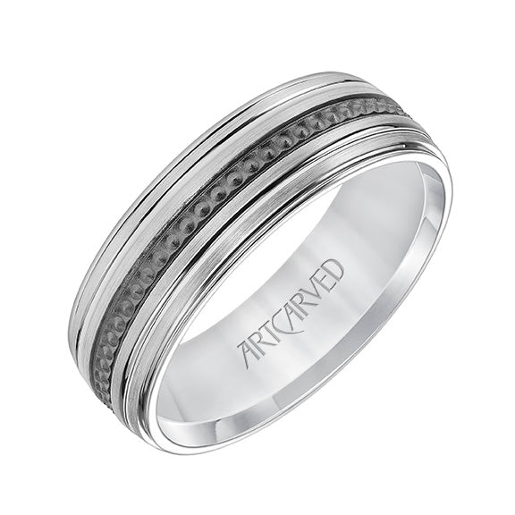 Mens Comfort Fit Wedding Band with Brushed Finish with Textured Black Rhodium and Polished Lines and Polished Round Edge