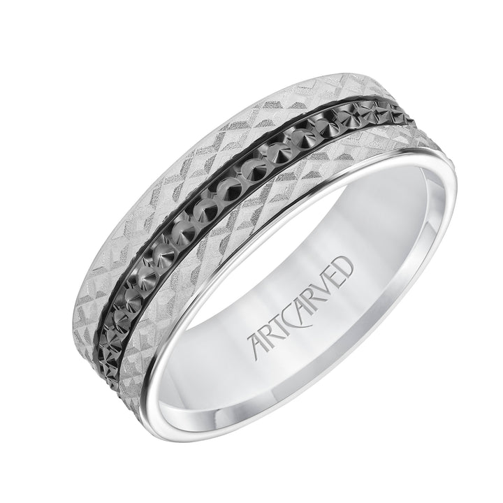 11-WV8848-G - ARTCARVED - Mens Comfort Fit Wedding Band with Criss Cross Satin/Soft Sand Engraved Design and Polished Textured Black Rhodium Center