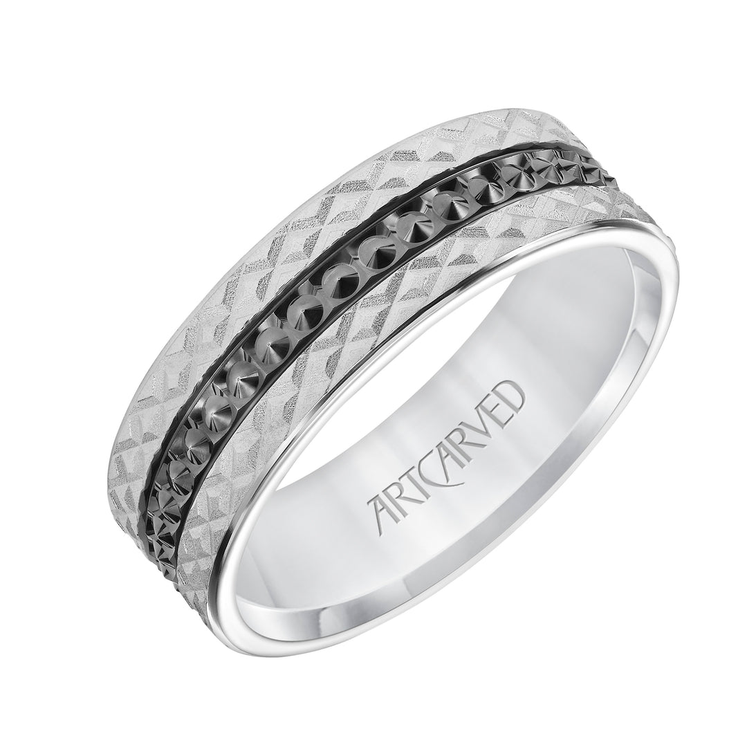 11-WV8848-G - ARTCARVED - Mens Comfort Fit Wedding Band with Criss Cross Satin/Soft Sand Engraved Design and Polished Textured Black Rhodium Center