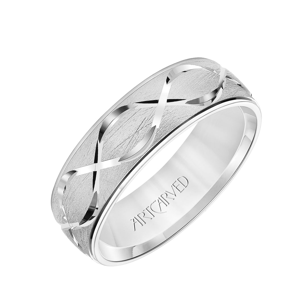 11-WV8875W65-G.00 - Goldman - Mens Comfort Fit Wedding Band with Chrystalline Finish with Swiss Cut Infinity Design Center and Polished Round Edge