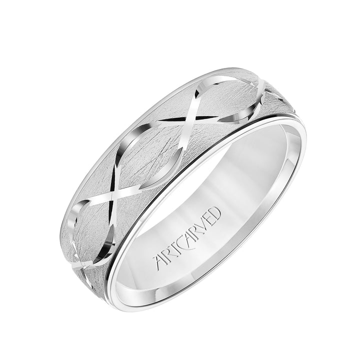 11-WV8875-G - ARTCARVED - Mens Comfort Fit Wedding Band with Chrystalline Finish with Swiss Cut Infinity Design Center and Polished Round Edge