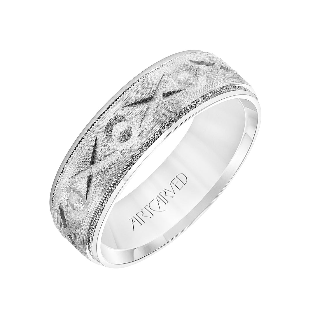 11-WV8877W7-G.00 - ARTCARVED - Mens Comfort Fit Wedding Band with Brushed Finish with Swiss Cut XO Design Center with Pearling Detail and Matte Round Edge