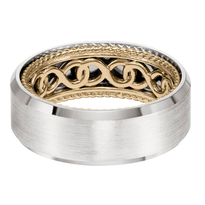Mens Wedding Band with infinity pattern with rope edge inside and flat profile with bevel edge. Available in multiple white, yellow and rose gold color combinations.