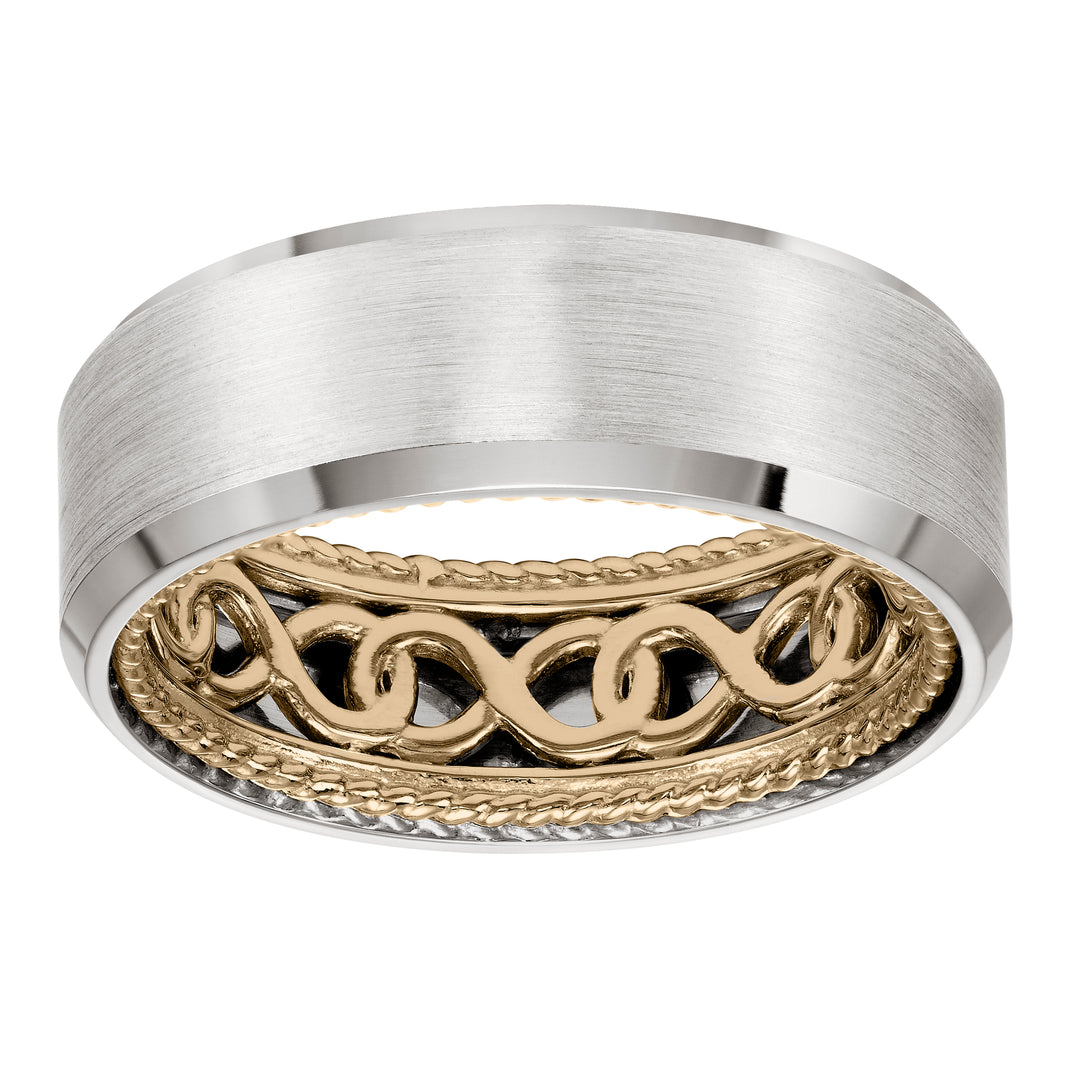Mens Wedding Band with infinity pattern with rope edge inside and flat profile with bevel edge. Available in multiple white, yellow and rose gold color combinations.