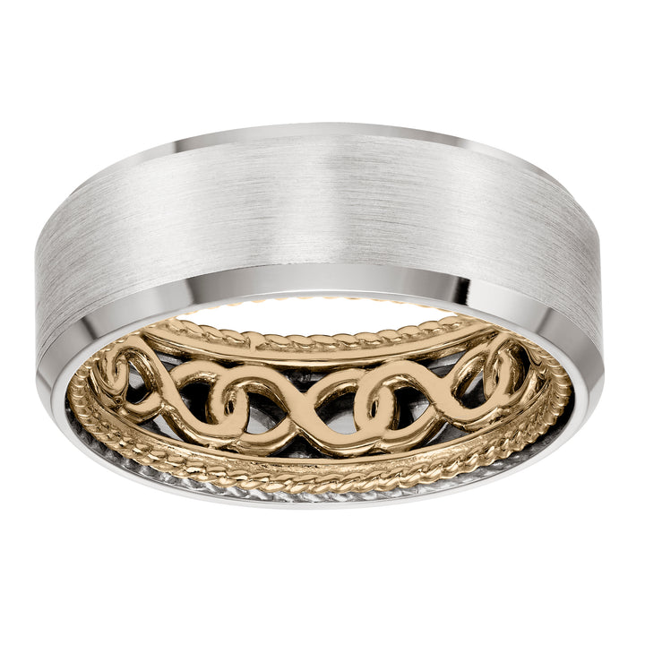 Mens Wedding Band with infinity pattern with rope edge inside and flat profile with bevel edge. Available in multiple white, yellow and rose gold color combinations.