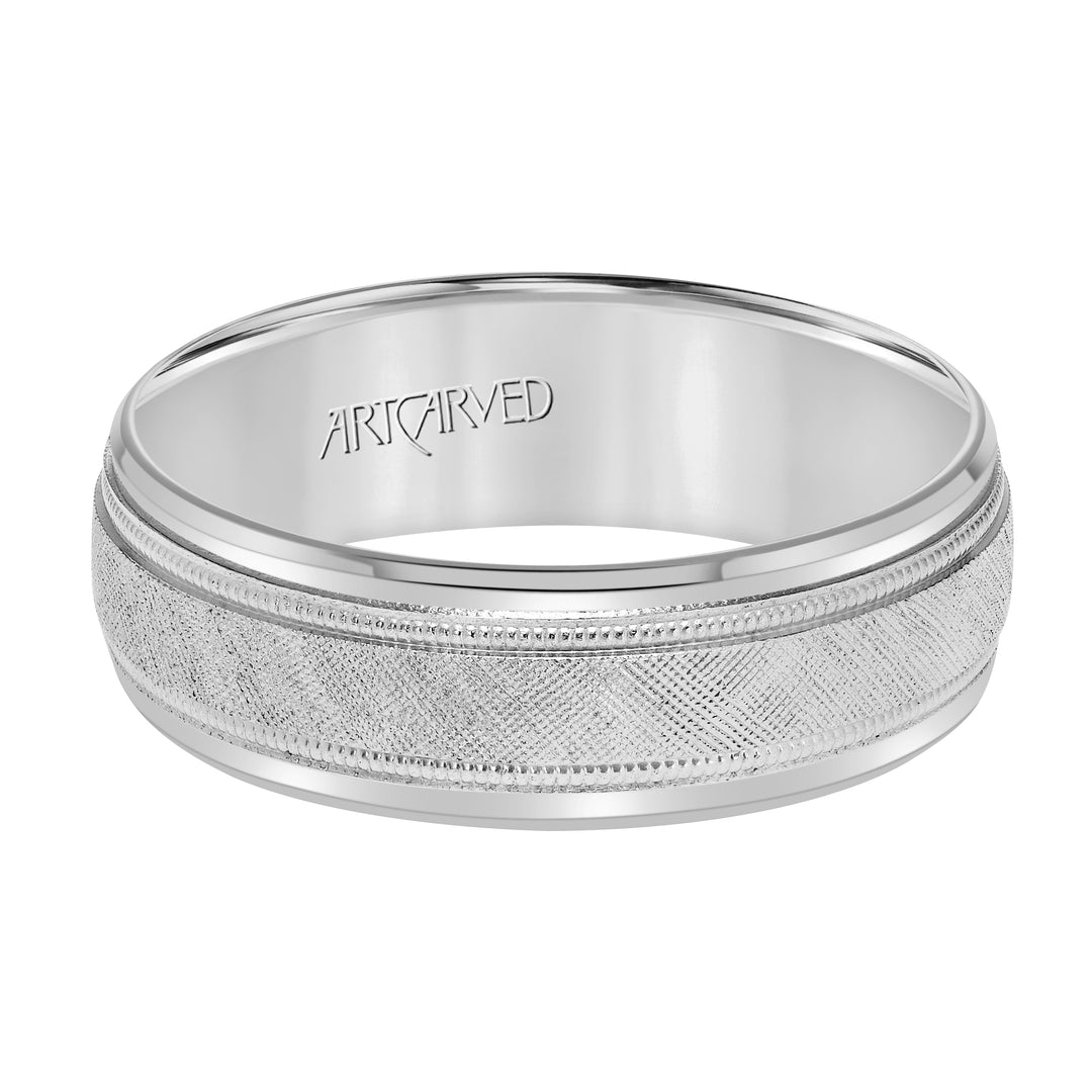Comfort Fit, engraved wedding band with textured design, milgrain and beveled edges