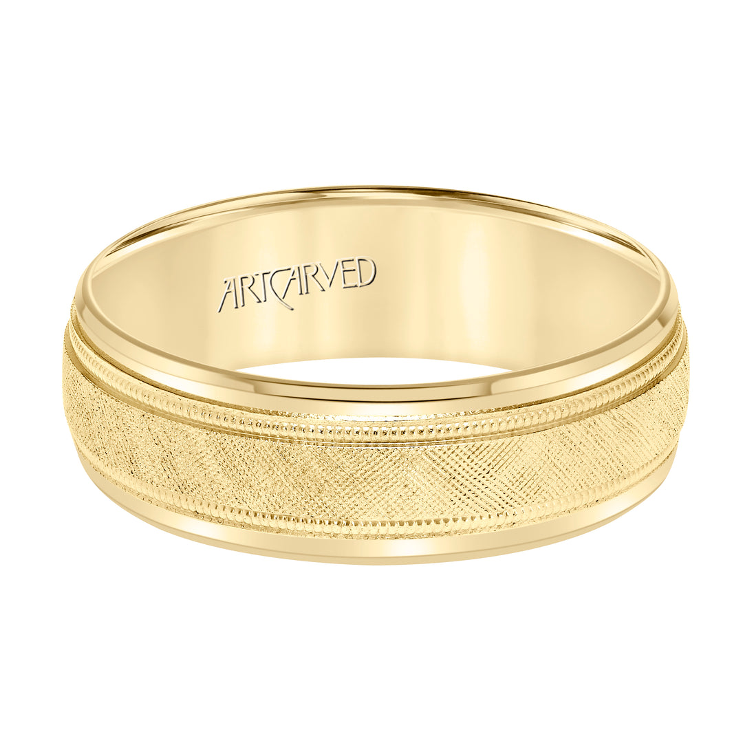 11-WV3402-G - ARTCARVED - Comfort Fit, engraved wedding band with textured design, milgrain and beveled edges