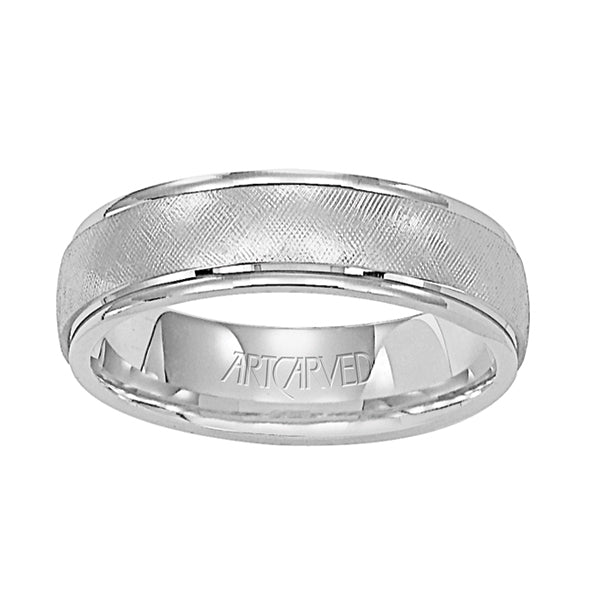 Comfort Fit, engraved wedding band with textured design, and rolled edges