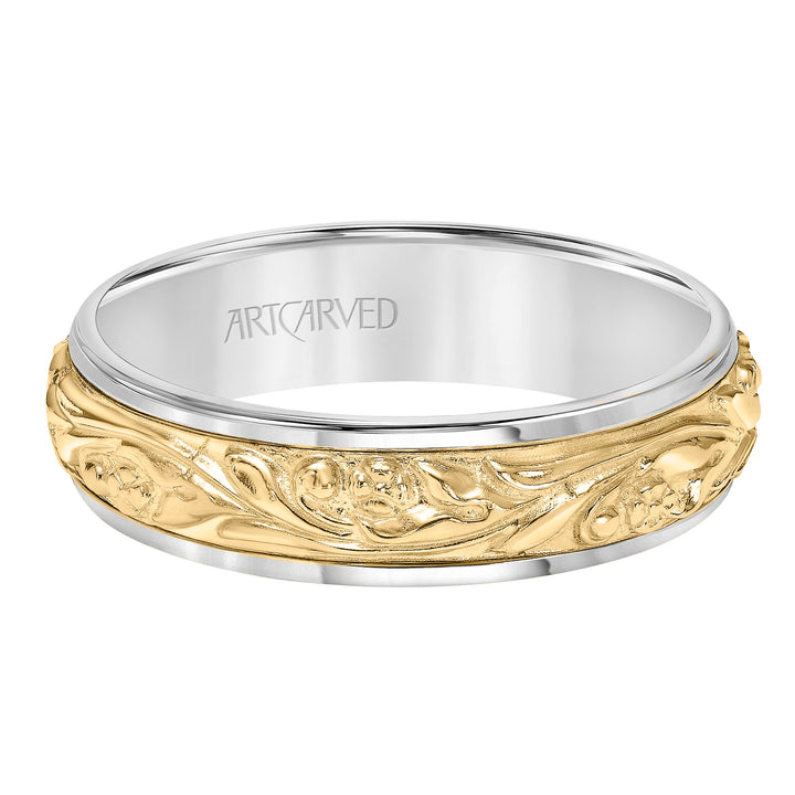 11-WV4008-G.00 - ARTCARVED - Comfort Fit, engraved wedding band with intricate scroll design and rolled edges