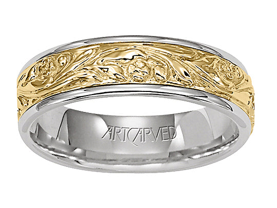 Comfort Fit, engraved wedding band with intricate scroll design and rolled edges