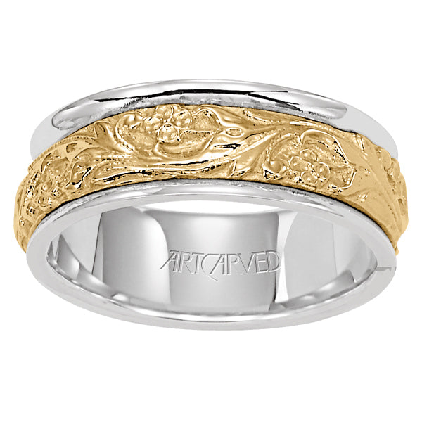 8mm Wedding band with an intricate engraved center and rounded edges