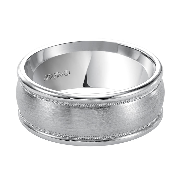 Comfort Fit wedding band with brushed finish, milgrain and rolled edges