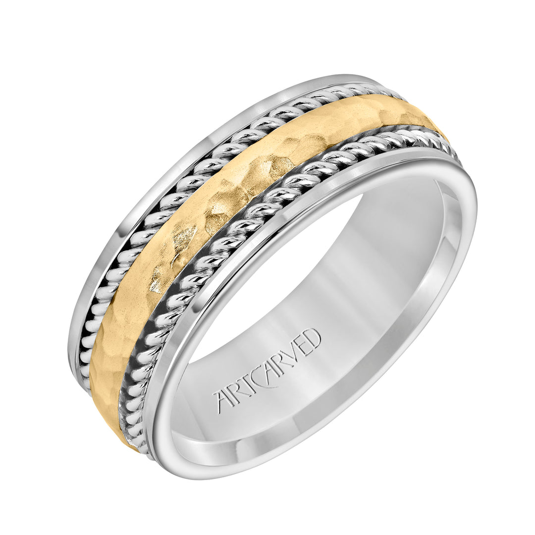 Comfort Fit wedding band with hammered finish rope design and rolled edges Please note hand hammered styles will have slight variations due to the nature of the manufacturing process