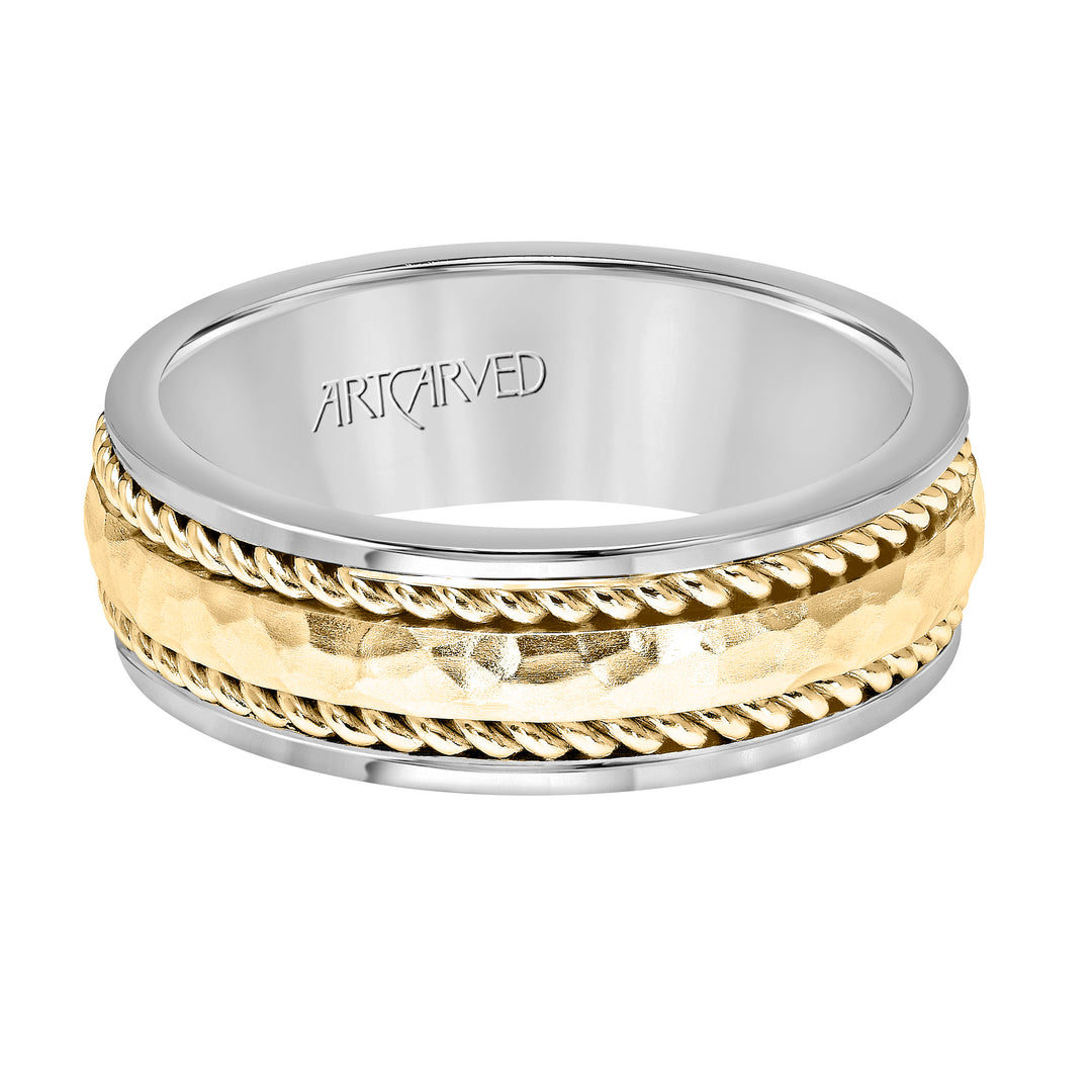 Comfort Fit wedding band with hammered finish rope design and rolled edges Please note hand hammered styles will have slight variations due to the nature of the manufacturing process