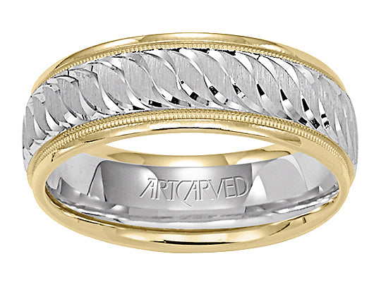 Comfort Fit wedding band with engraved design, milgrain and rolled edges