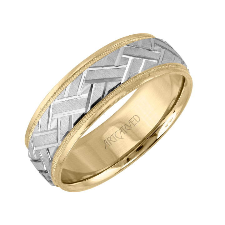 11-WV5572-G - ARTCARVED - Comfort Fit wedding band with engraved design on a white insert, and yellow rolled edges with milgrain finish