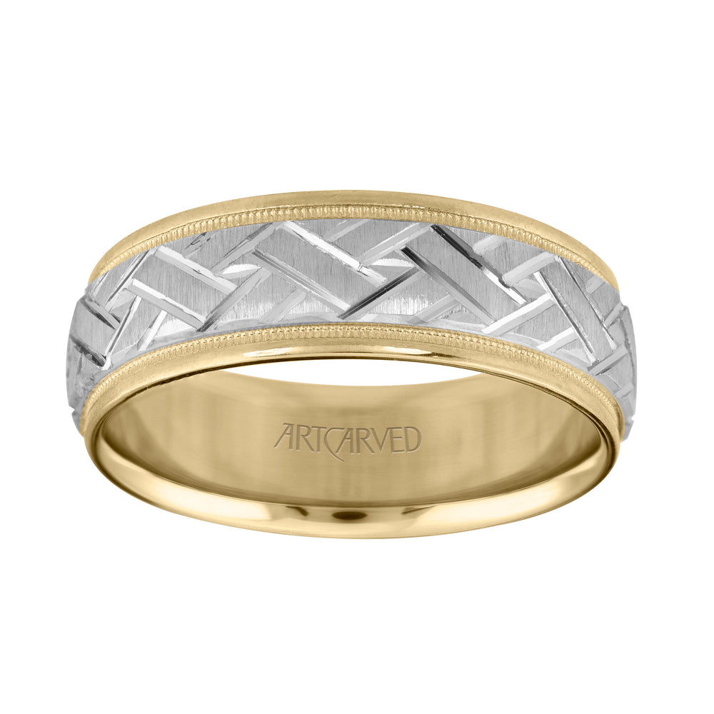 Comfort Fit wedding band with engraved design on a white insert, and yellow rolled edges with milgrain finish