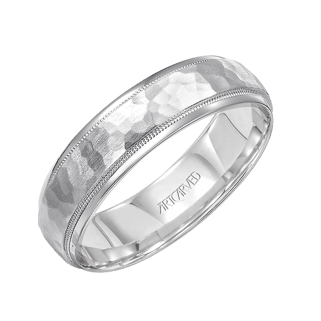 Comfort Fit wedding band with hammered satin finish and rolled edges Please note hand hammered styles will have slight variations due to the nature of the manufacturing process