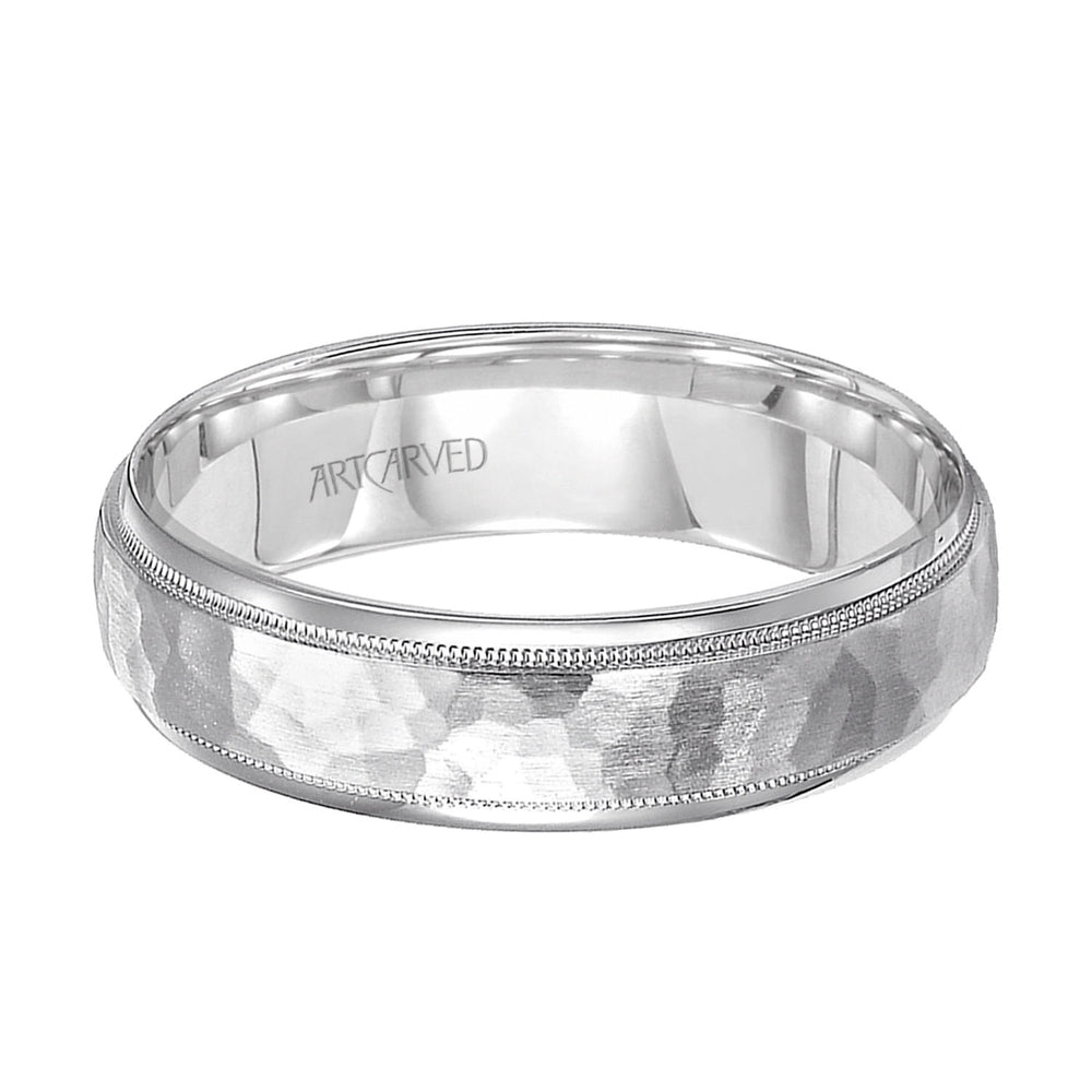 Comfort Fit wedding band with hammered satin finish and rolled edges Please note hand hammered styles will have slight variations due to the nature of the manufacturing process