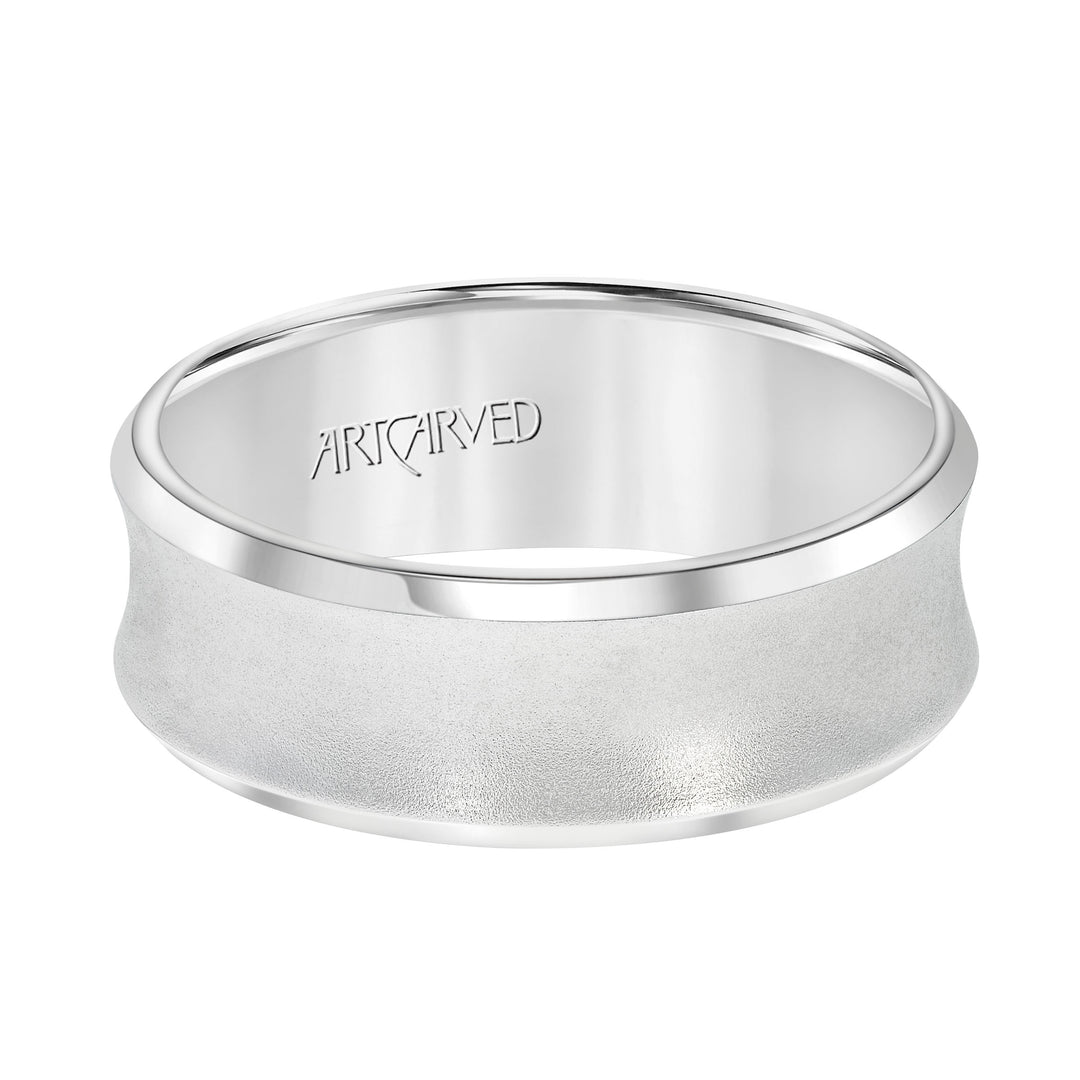 Comfort Fit, engraved wedding band with beveled edges and satin finish