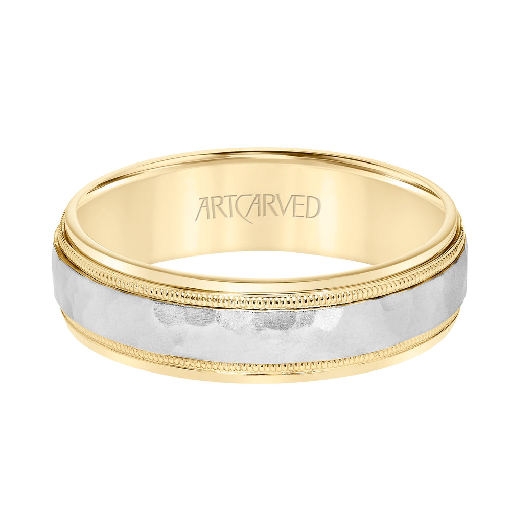 11-WV7190-G - ARTCARVED - Comfort Fit two tone wedding band with hammered inlay Please note hand hammered styles will have slight variations due to the nature of the manufacturing process