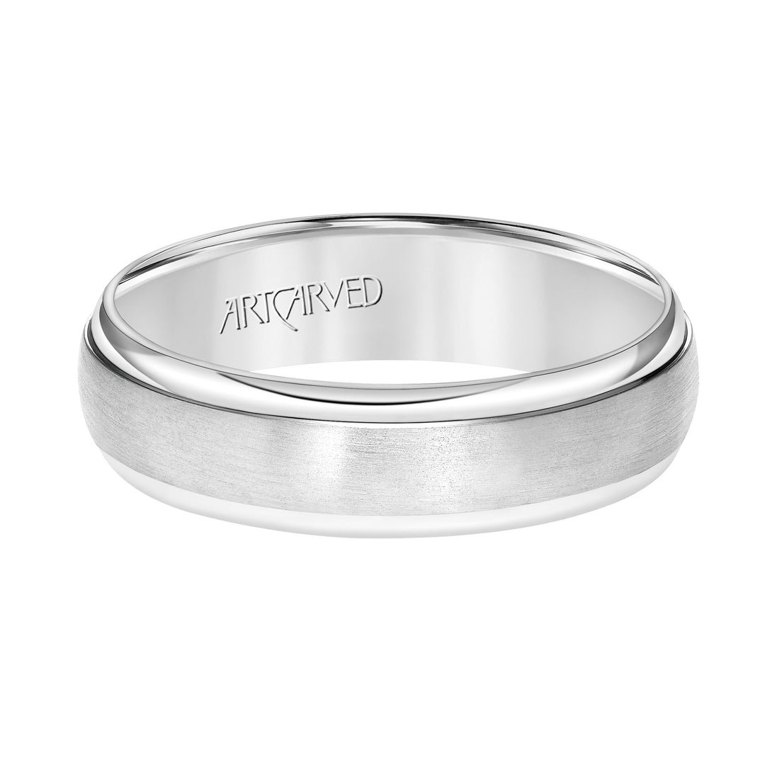 Comfort Fit wedding band with brushed finish and high polished, rolled edges