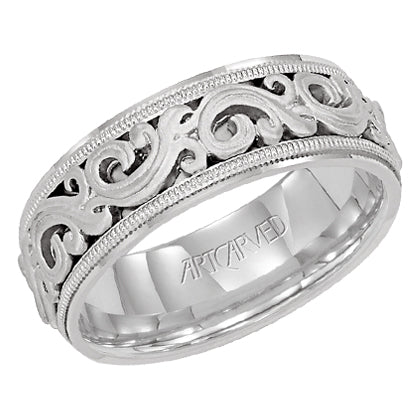 11-WV7300-G - ARTCARVED - Comfort Fit wedding band with intricate, engraved scroll design, milgrain and flat edges