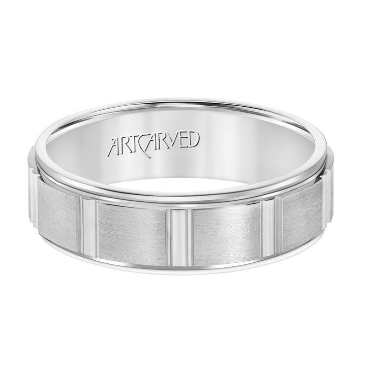 Comfort Fit wedding band with geometric design, brushed finish and rolled edges