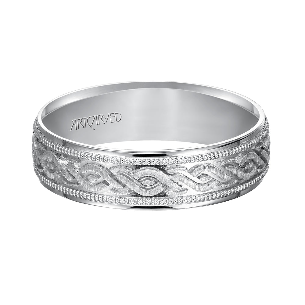 Comfort Fit, engraved wedding band with milgrain detail and flat edgess